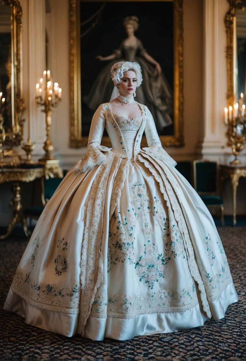 An opulent 18th-century ball gown with a full hoop skirt, adorned with intricate lace and embroidery. A 19th-century wedding dress featuring delicate silk and flowing layers