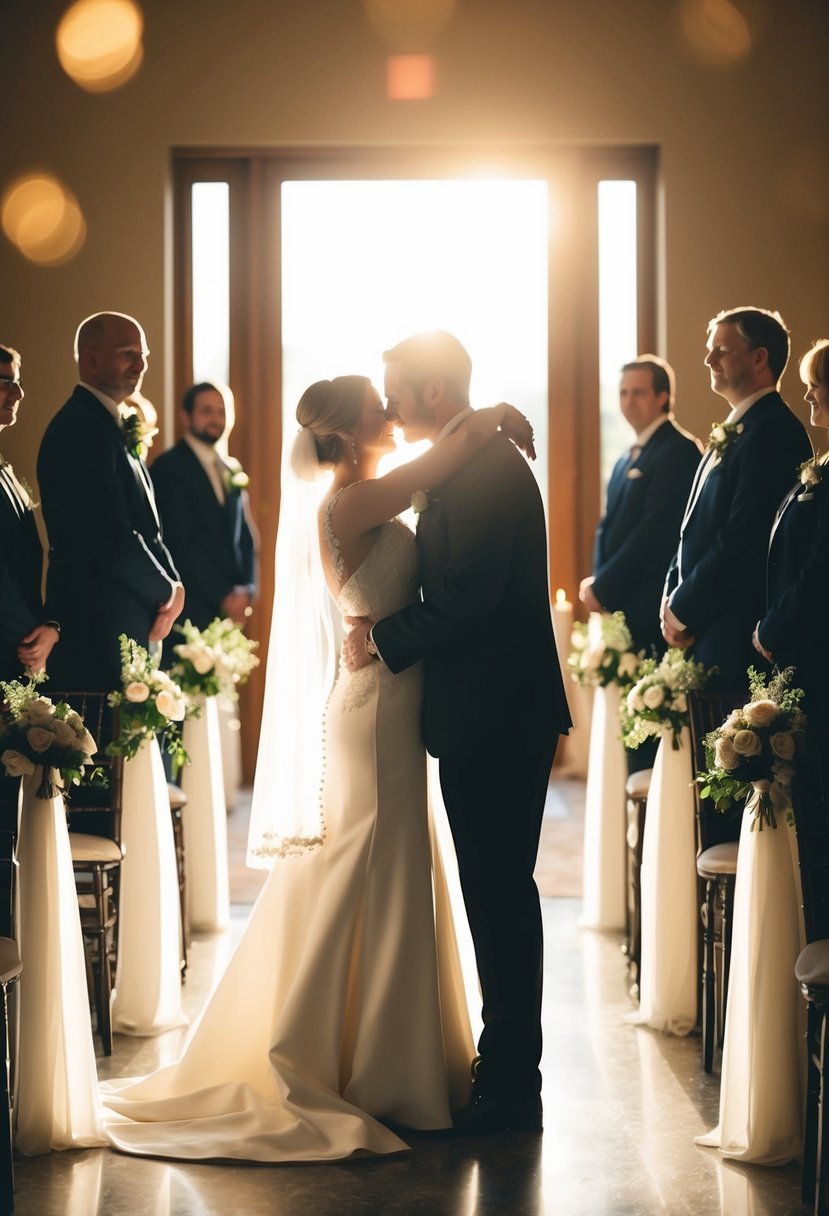 A couple's silhouette in a warm embrace at the end of a wedding aisle, with the soft glow of sunlight streaming in from behind them