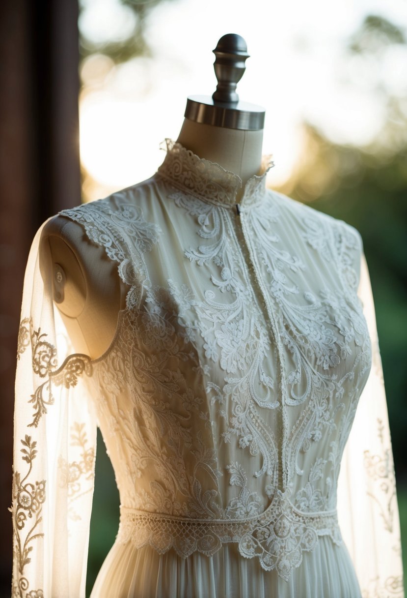 An elegant lace dress with a high neckline, adorned with intricate details and delicate fabric, evoking the romantic and timeless style of Edwardian fashion