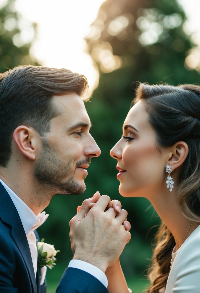 A couple sitting face to face, holding hands, discussing wedding kiss tips