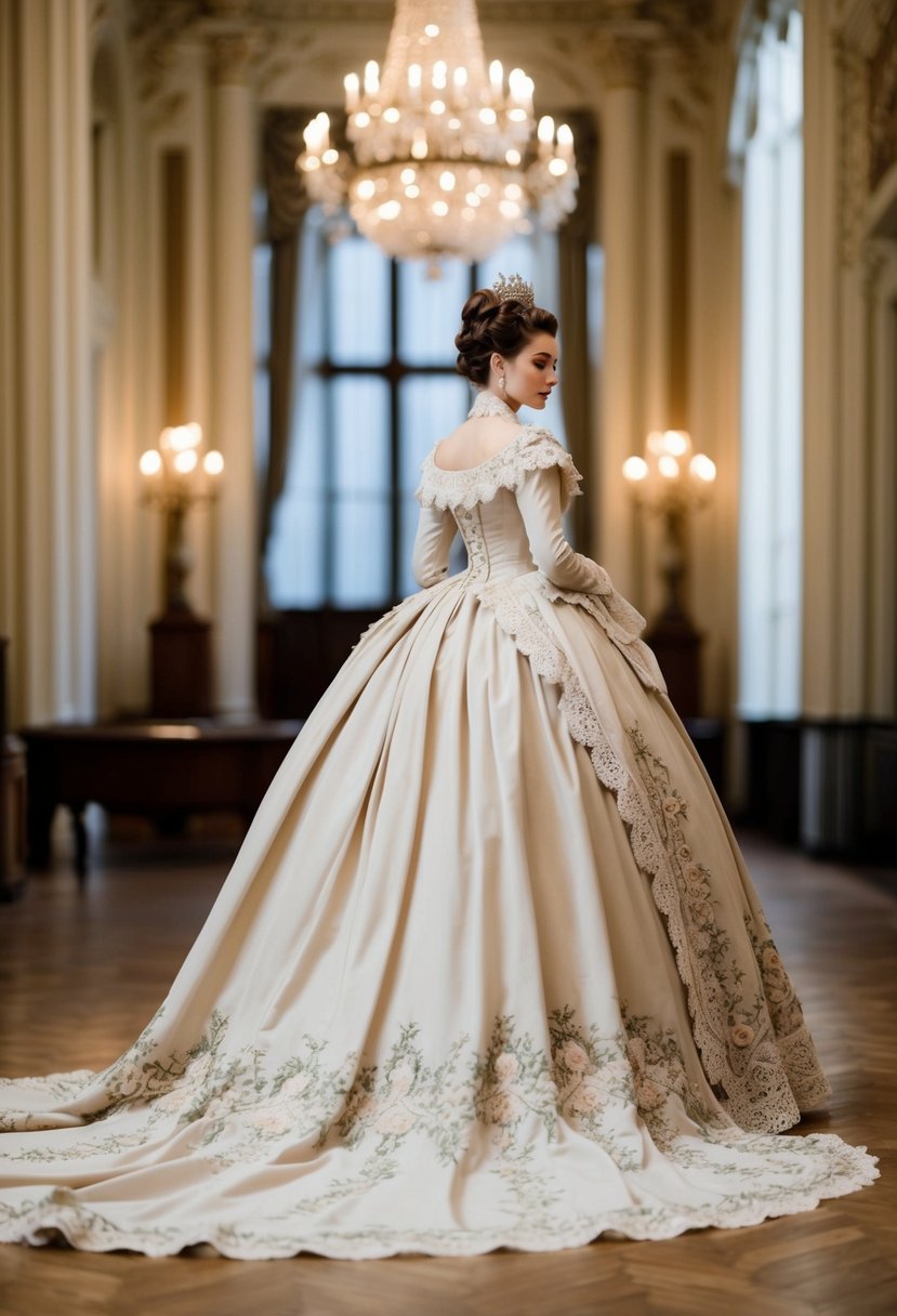 A Victorian bustle gown with a long train, adorned with intricate lace and delicate embroidery, set against a backdrop of a grand 19th-century ballroom