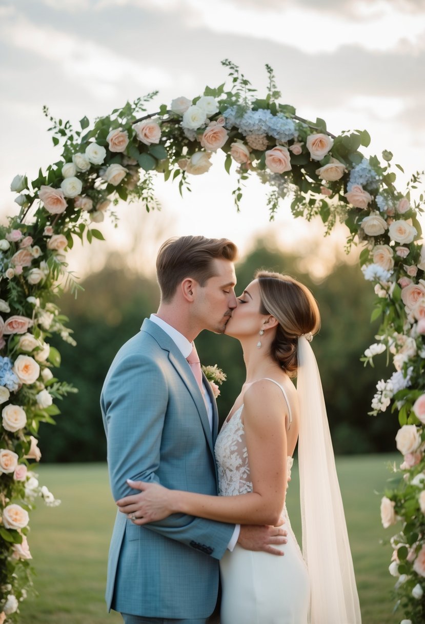 A couple kissing under a floral archway with soft lighting and a serene atmosphere