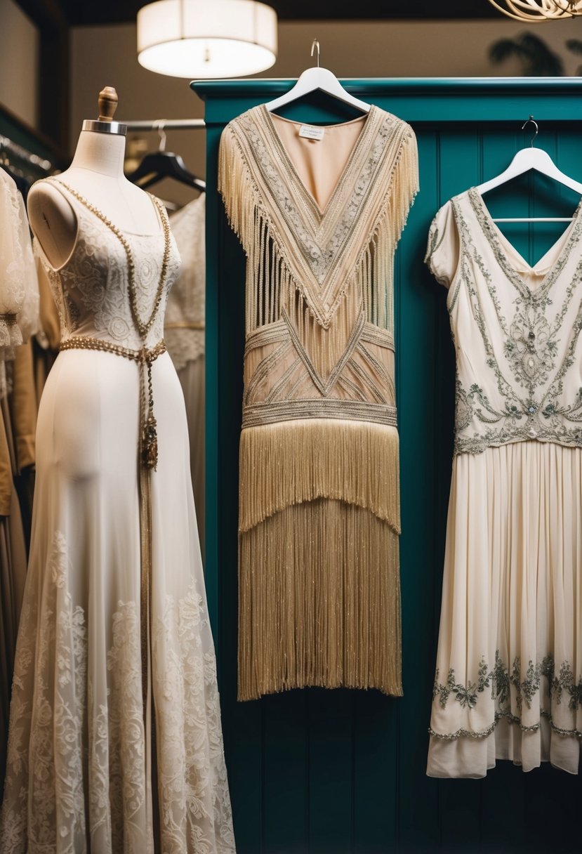 A 1920s flapper dress with fringe hangs next to a display of 19th-century wedding dress ideas in an antique clothing store