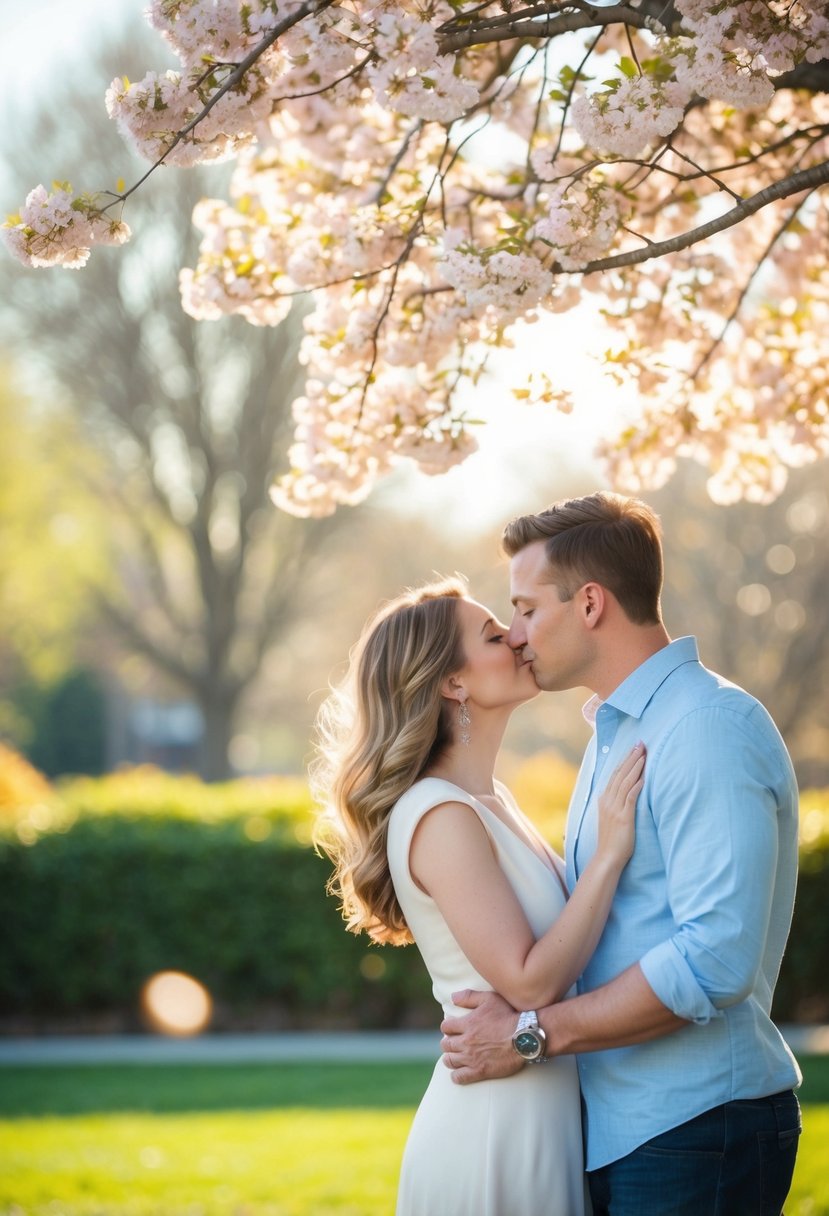 A couple kissing under a blooming tree with a gentle breeze and soft sunlight