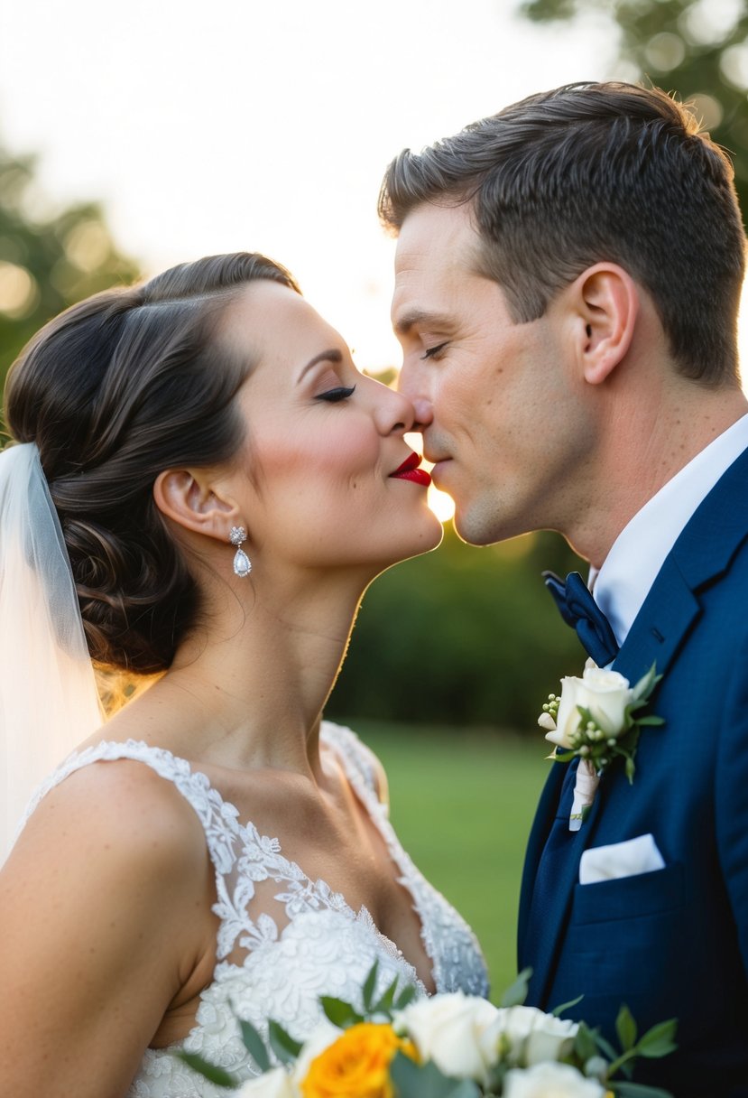 A bride and groom lean in for a kiss, careful not to smudge her vibrant red lipstick