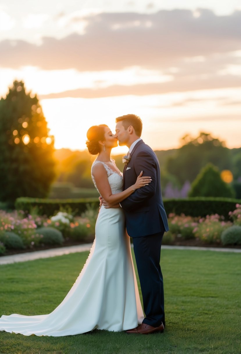 A couple's silhouette practicing a wedding kiss in a peaceful garden at sunset