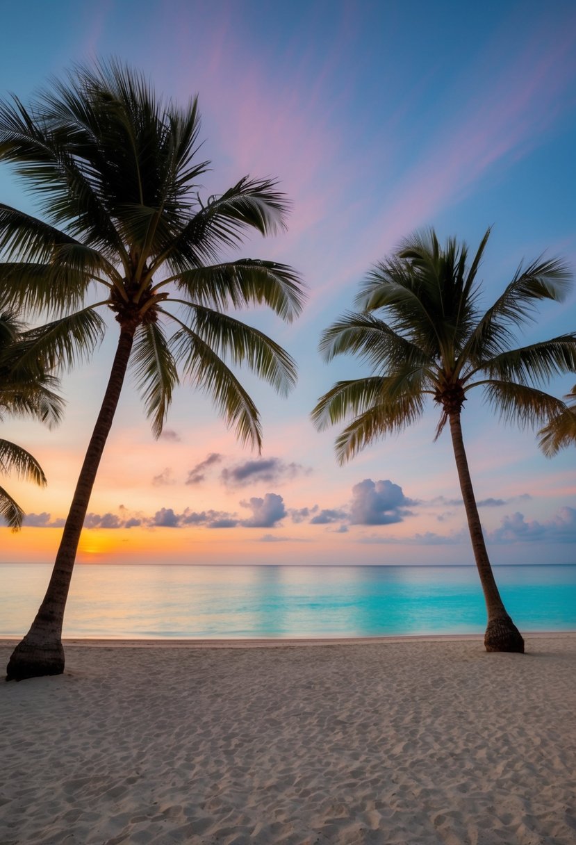 A secluded beach with palm trees, crystal-clear water, and a colorful sunset