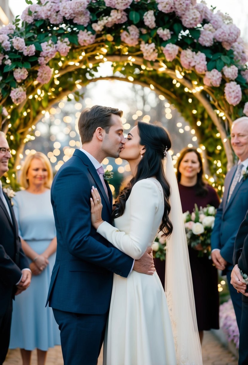 A couple stands under a blooming arch, surrounded by twinkling lights. They share a gentle, imperfect kiss, surrounded by loved ones