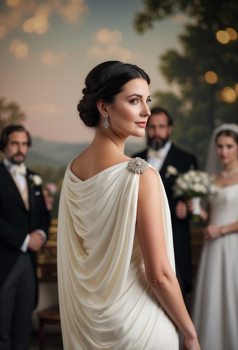 A woman's Grecian draped dress with a shoulder brooch, set against a backdrop of a 19th-century wedding scene