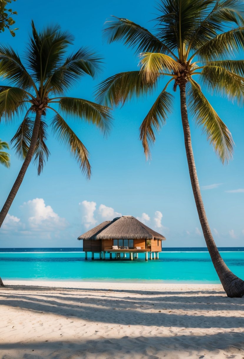 A serene beach with palm trees, turquoise water, and a luxurious overwater bungalow in the distance