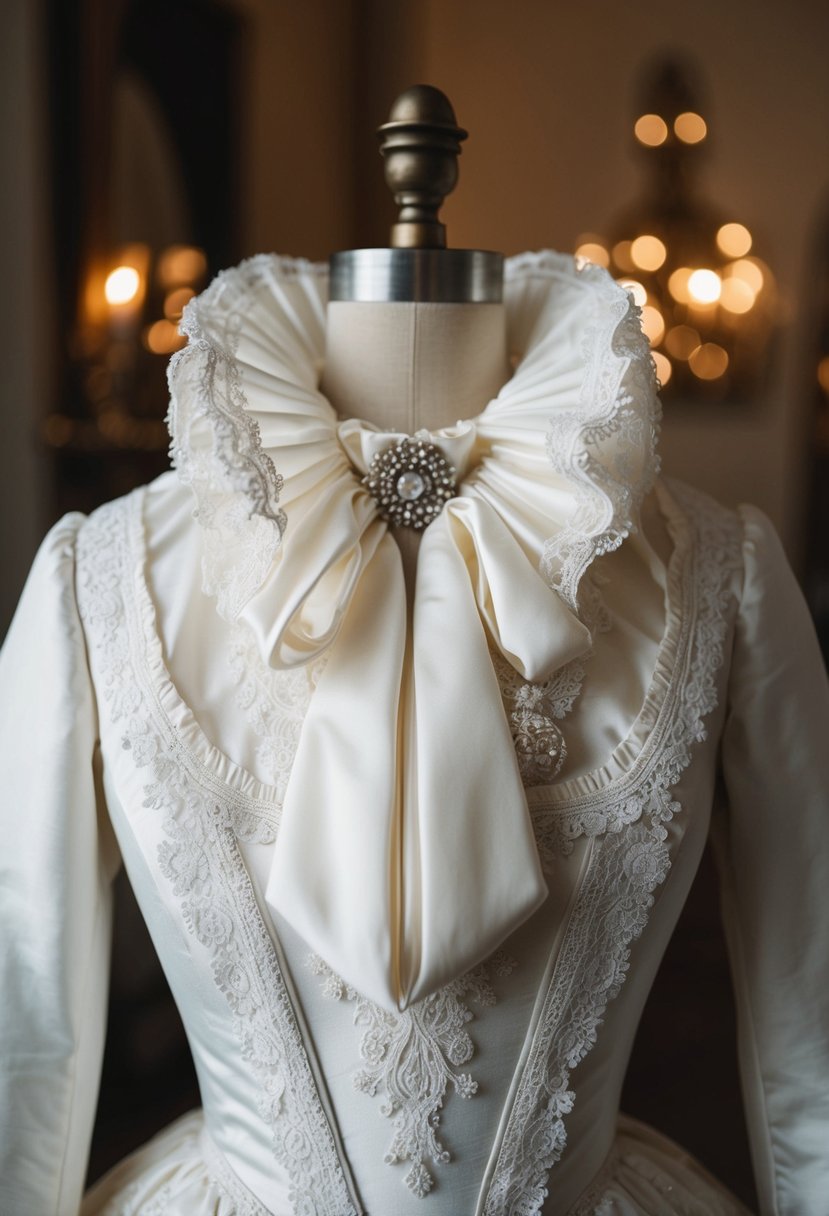 An ornate Elizabethan ruffled collar bodice adorns a 19th century wedding dress, complete with intricate lace and delicate embroidery