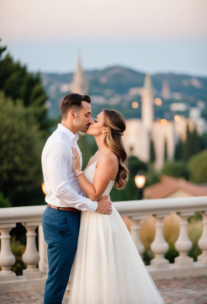 A couple standing in a romantic setting, leaning in for a kiss with soft lighting and a picturesque backdrop