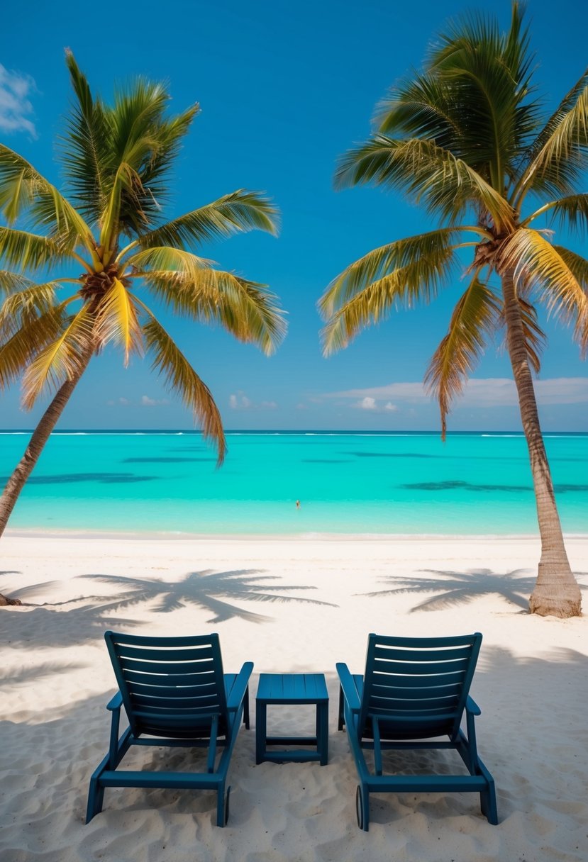 A secluded beach with palm trees, crystal-clear turquoise water, and a couple of beach chairs facing the ocean