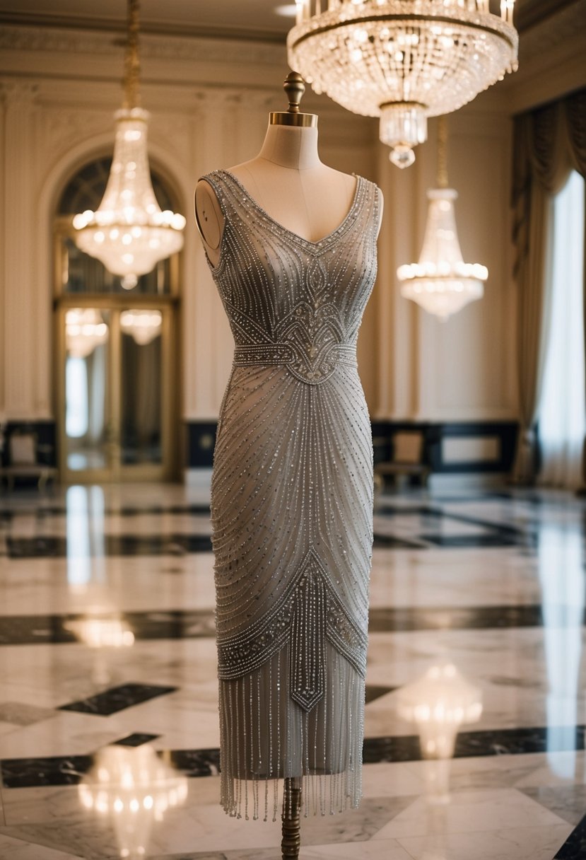 A shimmering Art Deco beaded sheath dress hangs on a vintage mannequin in a grand ballroom with ornate chandeliers and marble floors