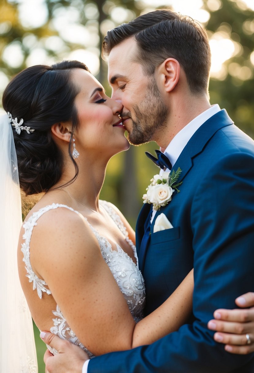 A bride and groom sharing a tender kiss, both looking radiant and well-groomed on their wedding day