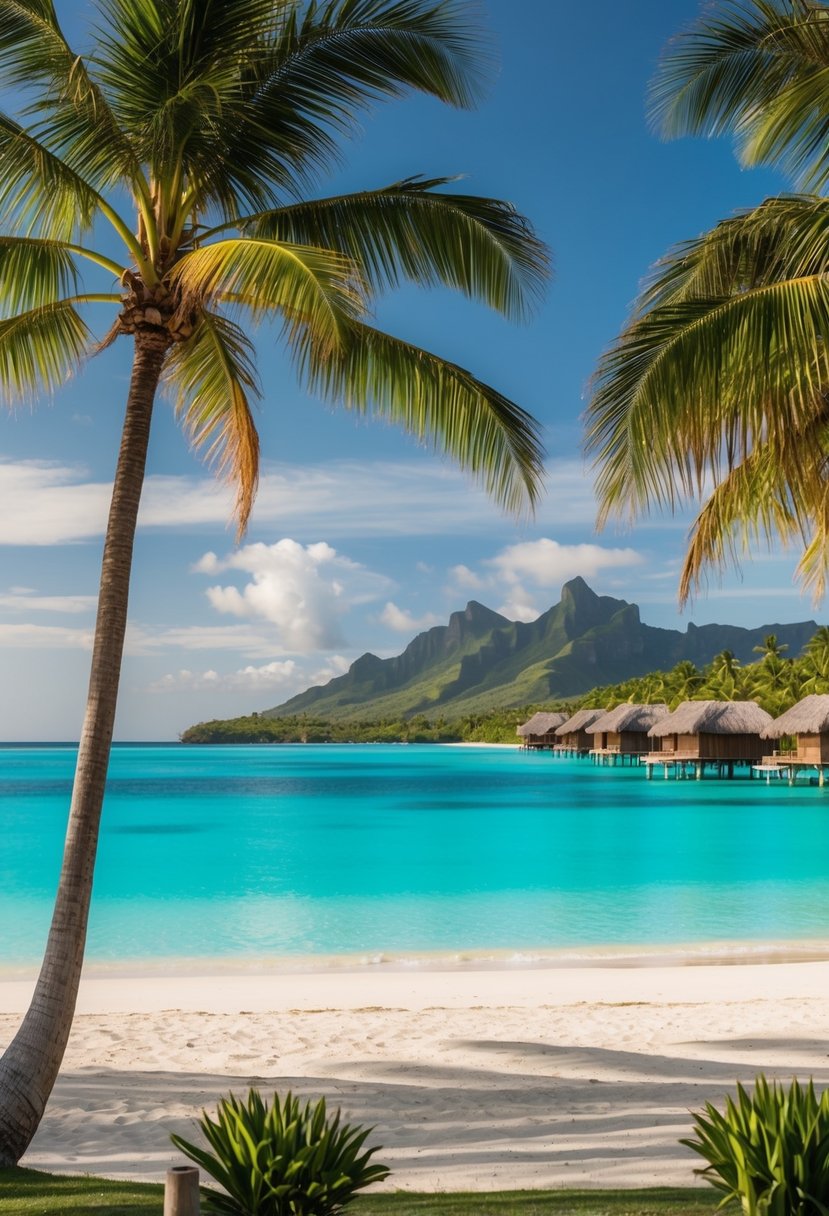 A serene beach with crystal-clear turquoise water, palm trees, and overwater bungalows nestled in the lush, green landscape of Bora Bora, French Polynesia