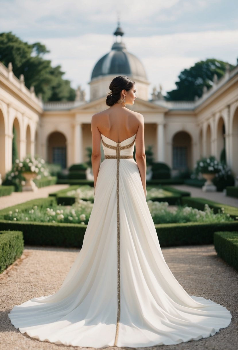 A flowing, draped wedding gown with Roman toga-inspired details, set against a backdrop of 19th century architecture and lush gardens