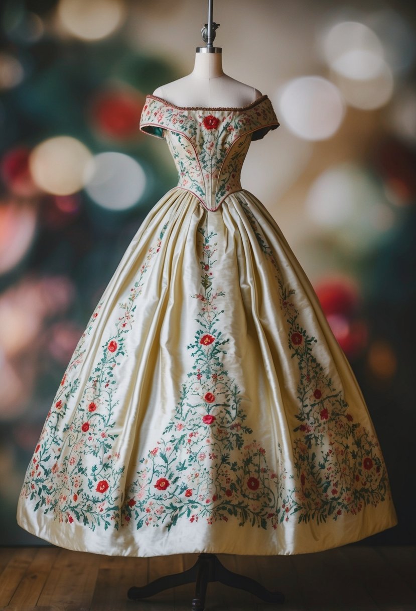 A 19th century Georgian silk gown, intricately embroidered with floral patterns, hangs gracefully on a dress form, capturing the elegance and opulence of a bygone era