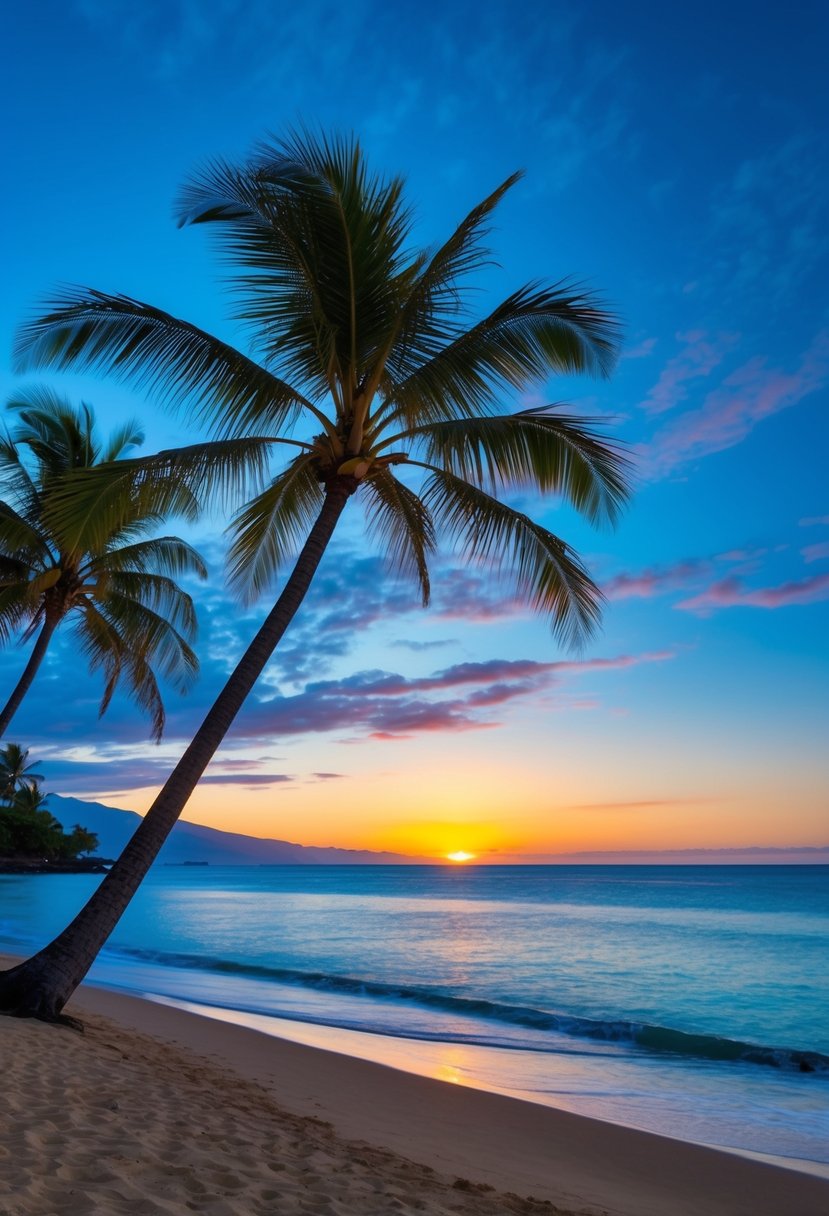 A serene beach with palm trees, clear blue waters, and a colorful sunset over the horizon in Maui, Hawaii