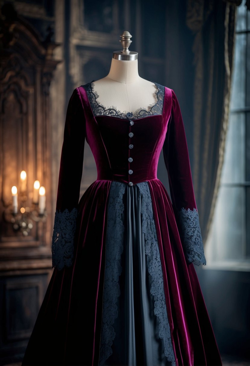 A gothic velvet dress with lace, set against a dimly lit 19th century backdrop, with ornate details and a sense of mystery