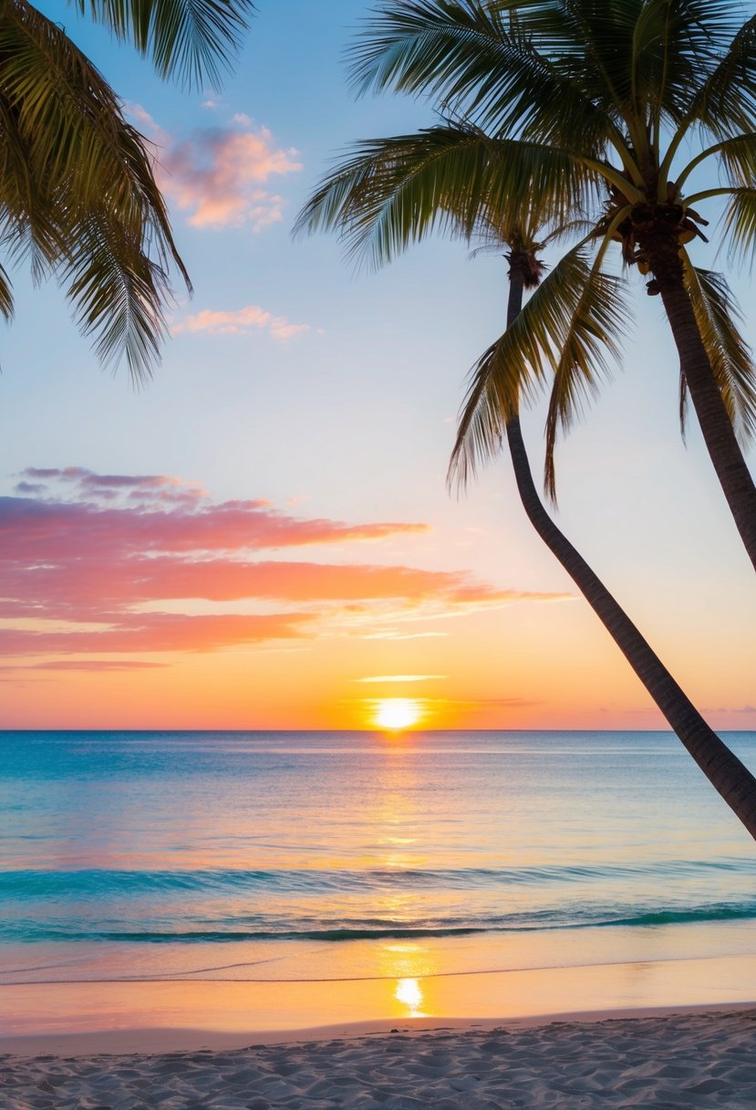 A serene beach with palm trees, crystal-clear waters, and a vibrant sunset over the horizon