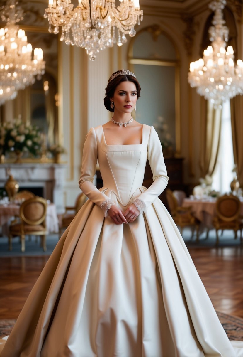 A woman in a Tudor square neckline gown stands in a grand 19th century ballroom, surrounded by opulent decor and elegant chandeliers