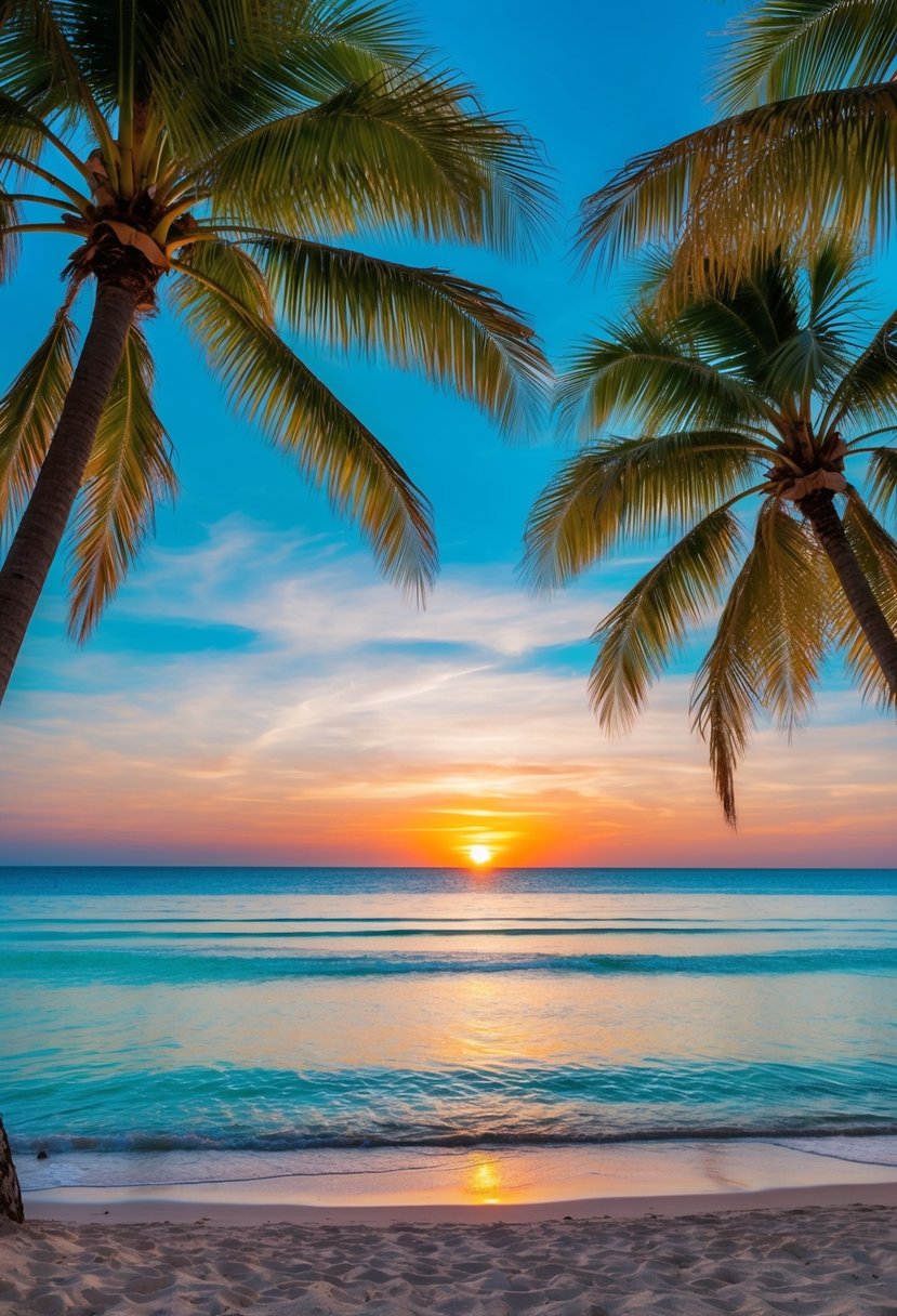 A serene beach with palm trees, crystal clear waters, and a colorful sunset over the horizon