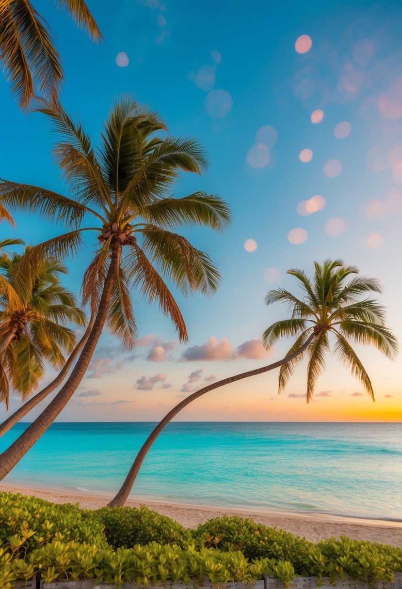 A serene beach with palm trees, crystal-clear turquoise water, and a colorful sunset in the background