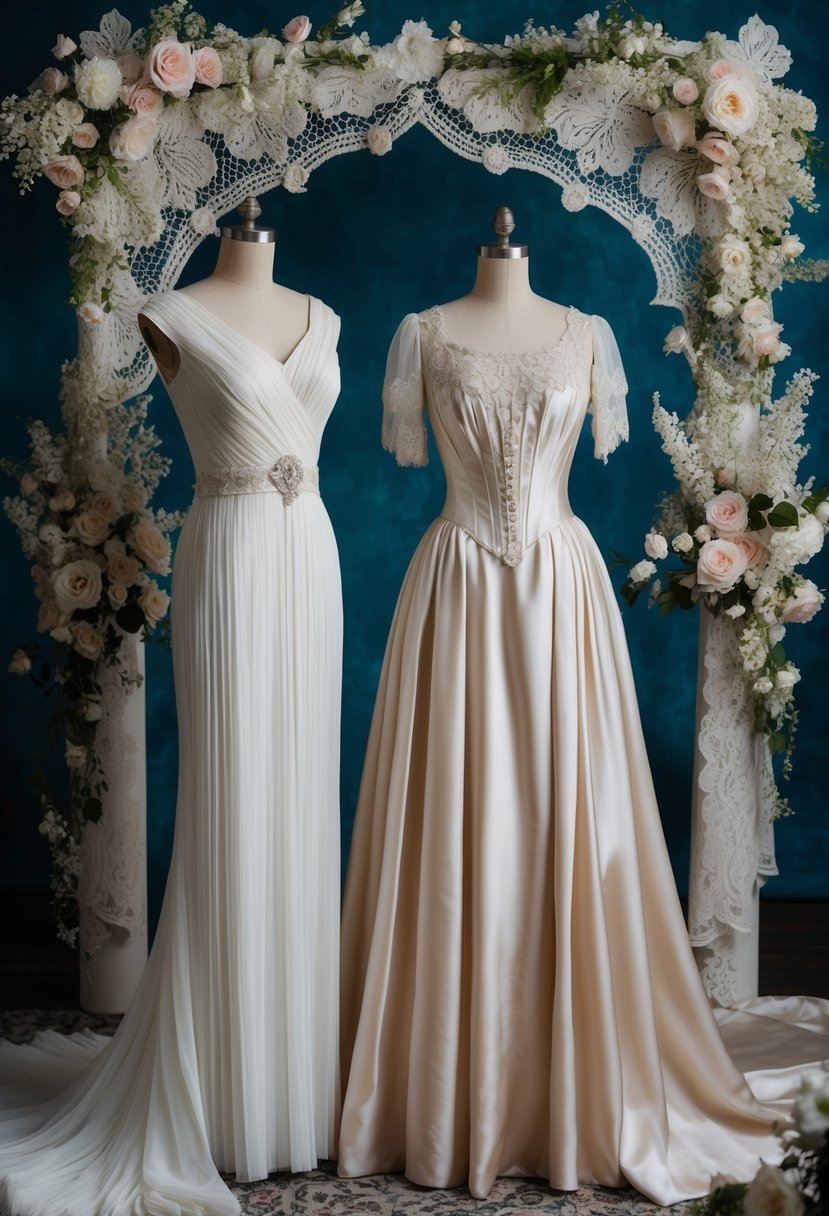 An elegant Edwardian column dress paired with a flowing 19th century silk wedding gown, set against a backdrop of ornate vintage lace and delicate floral accents