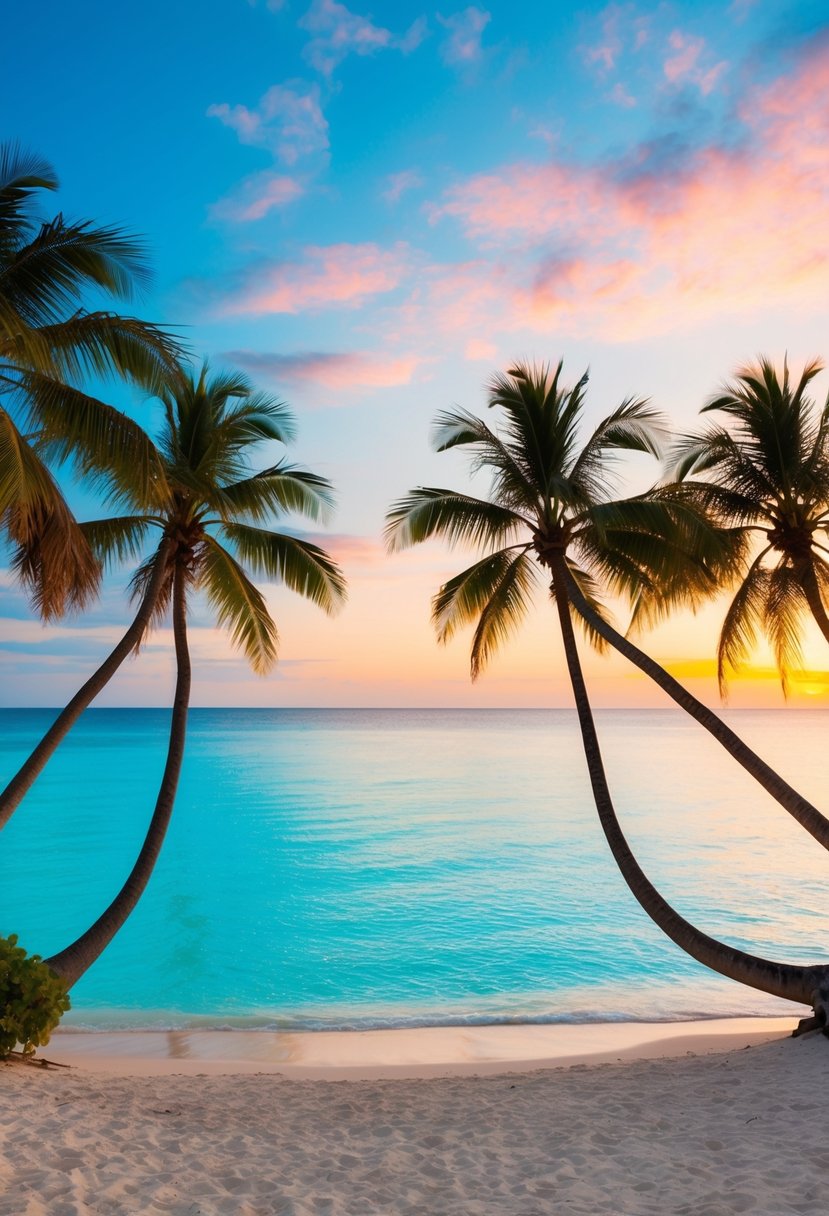 A serene beach with palm trees, crystal-clear turquoise waters, and a colorful sunset over the horizon