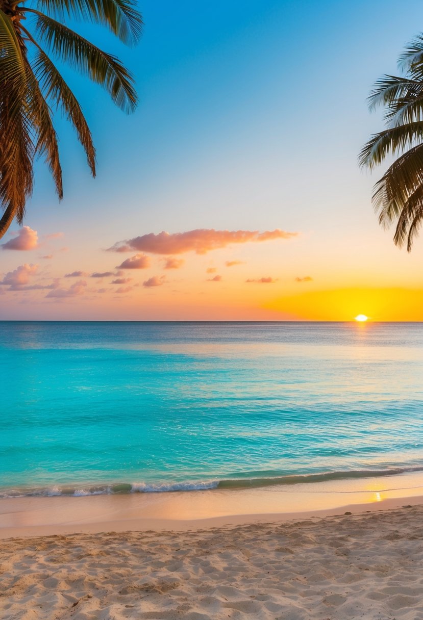 A pristine beach with crystal-clear turquoise waters, palm trees swaying in the gentle breeze, and a colorful sunset casting a warm glow over the horizon