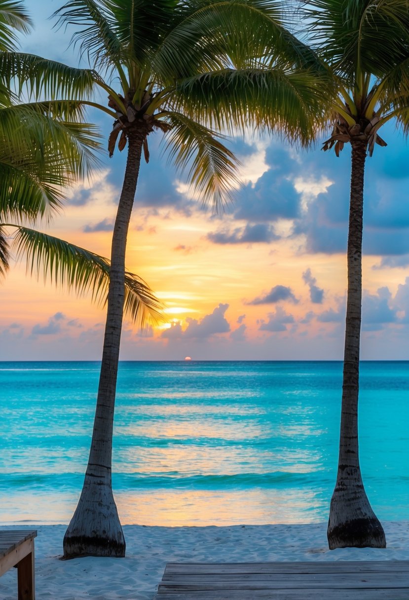 A serene beach with palm trees, turquoise water, and a colorful sunset over Caye Caulker, Belize