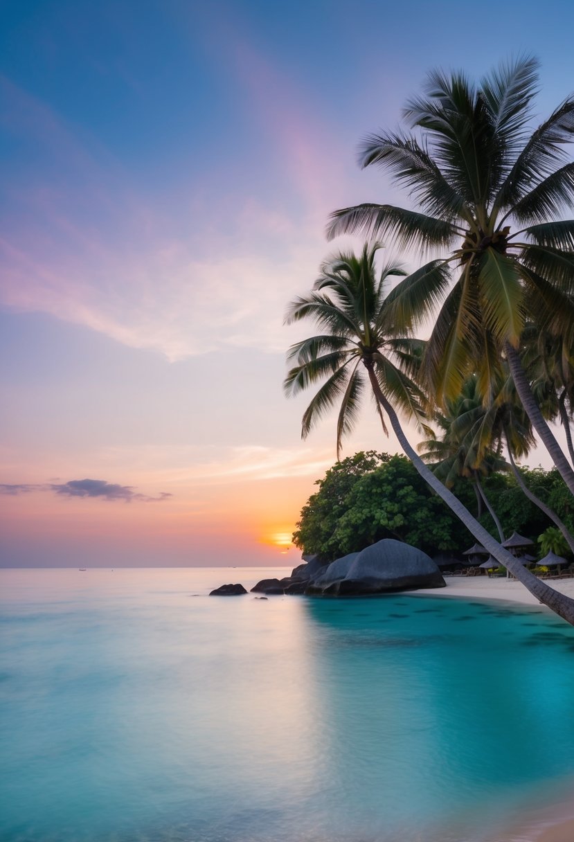 A tranquil beach with palm trees, clear blue water, and a colorful sunset over the horizon in Bali, Indonesia