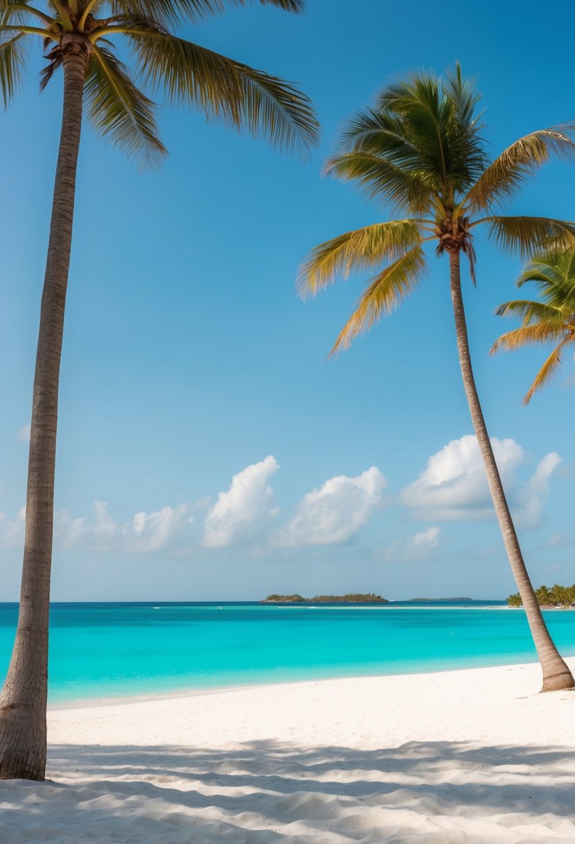 A serene beach with crystal-clear turquoise water, palm trees, and white sand stretching into the distance. A colorful coral reef can be seen just offshore