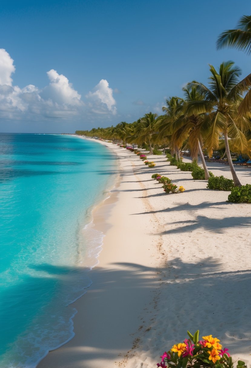 A sandy beach lined with palm trees, crystal clear turquoise waters, and colorful tropical flowers in Punta Cana, Dominican Republic