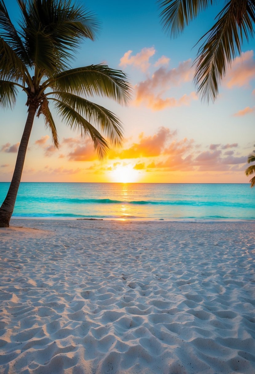 A white sandy beach with turquoise waters, palm trees, and a colorful sunset in Cancun, Mexico