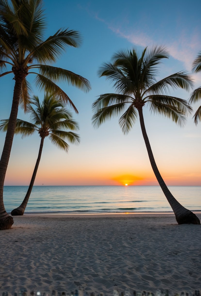 A serene beach with palm trees, clear blue water, and a colorful sunset on the horizon