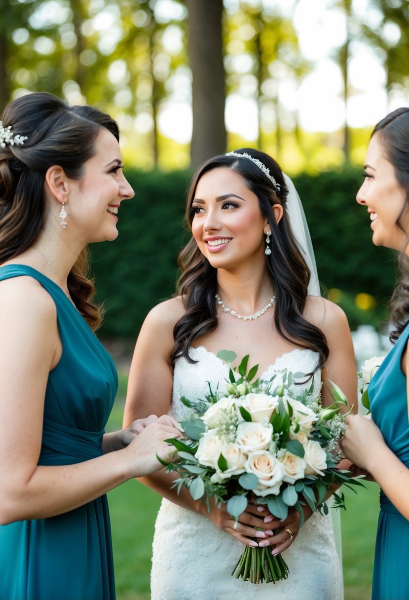 A maid of honor holding a bouquet, standing beside the bride, offering words of encouragement and support before the wedding ceremony