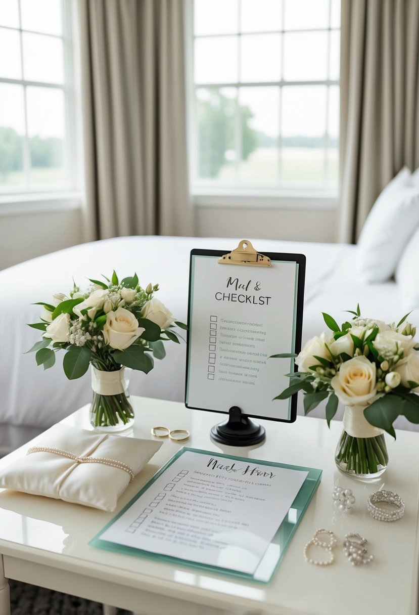 A tidy bridal suite with neatly arranged wedding accessories and a checklist for the maid of honor on the wedding day