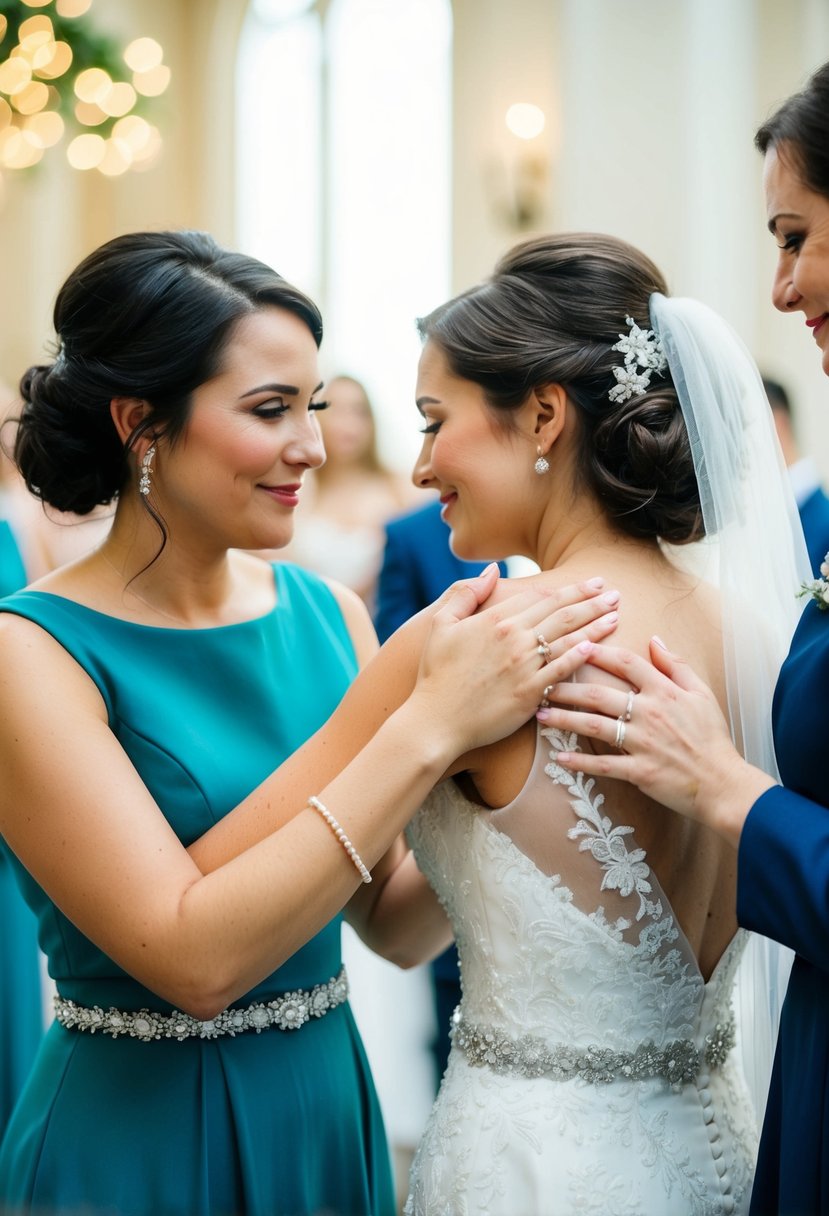 The maid of honor holds the bride's hand and offers a comforting embrace as they share a quiet moment before the ceremony