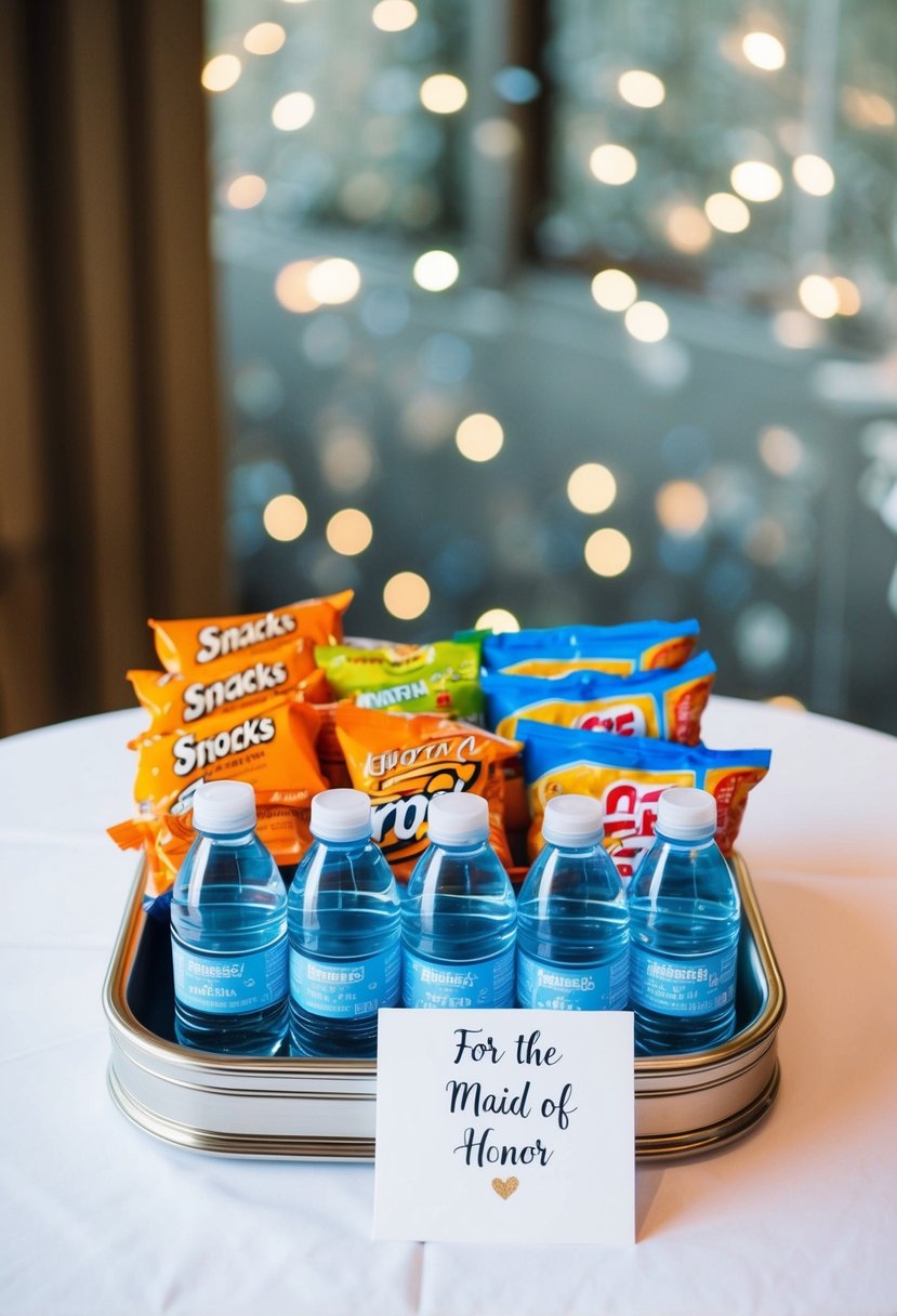 A tray of snacks and water bottles arranged with a note for the maid of honor on a wedding day