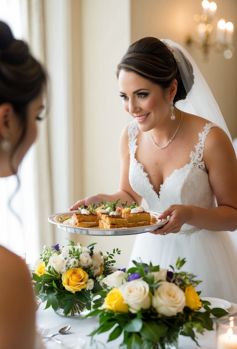 A maid of honor placing a tray of beautifully arranged and delicious food in front of the bride, reminding her to take a break and eat before the wedding ceremony