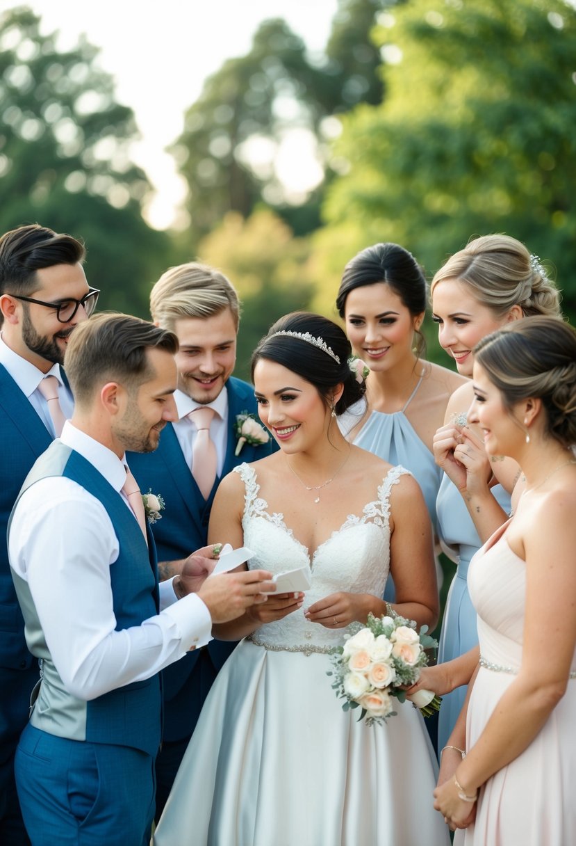 Groomsmen and bridesmaids gather around maid of honor, offering tips and support on wedding day