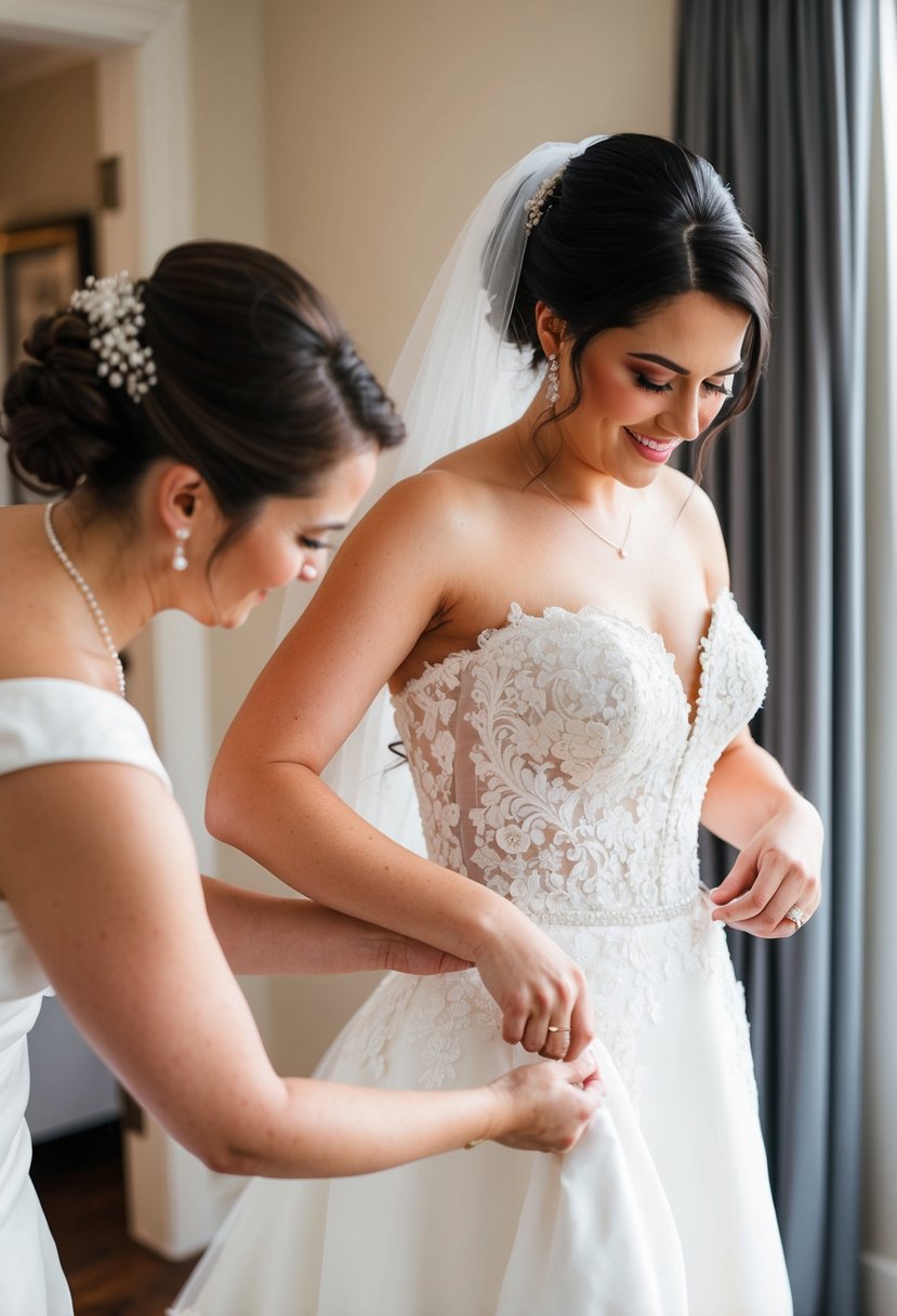 A maid of honor assists the bride with adjusting her wedding dress, carefully smoothing out the fabric and ensuring everything is in place for the big day