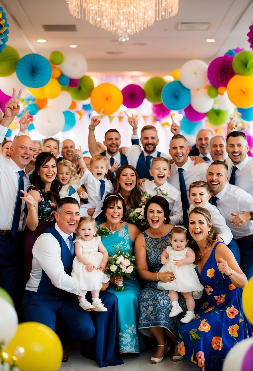 A lively wedding reception with a large, happy family celebrating together, surrounded by colorful decorations and a festive atmosphere