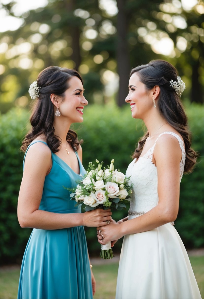 The maid of honor and the bride standing face to face, smiling and chatting with each other, while holding a bouquet of flowers