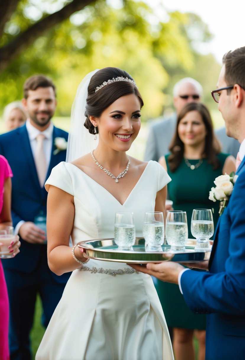 A maid of honor carrying a tray of drinks, offering water to guests at a wedding