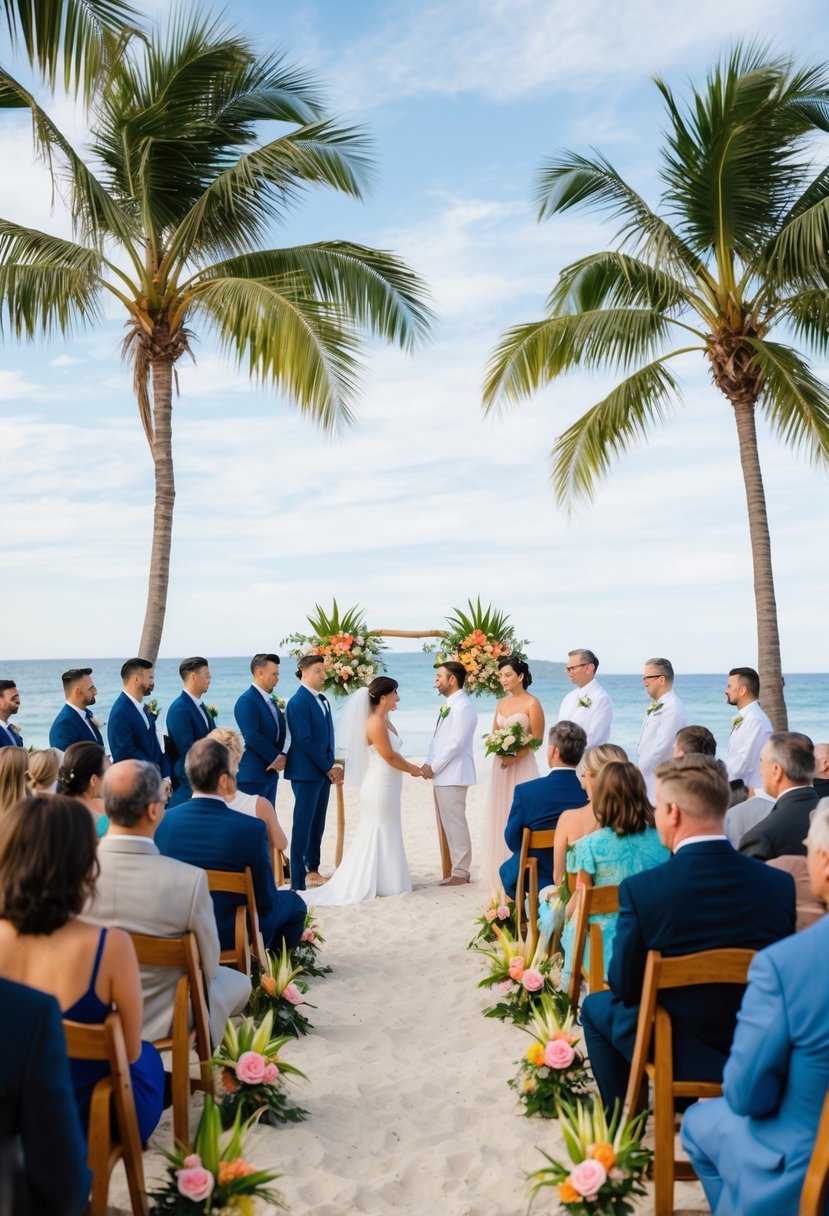 A beachside ceremony with a small group of guests seated on wooden chairs, surrounded by tropical flowers and palm trees, with the ocean as a backdrop