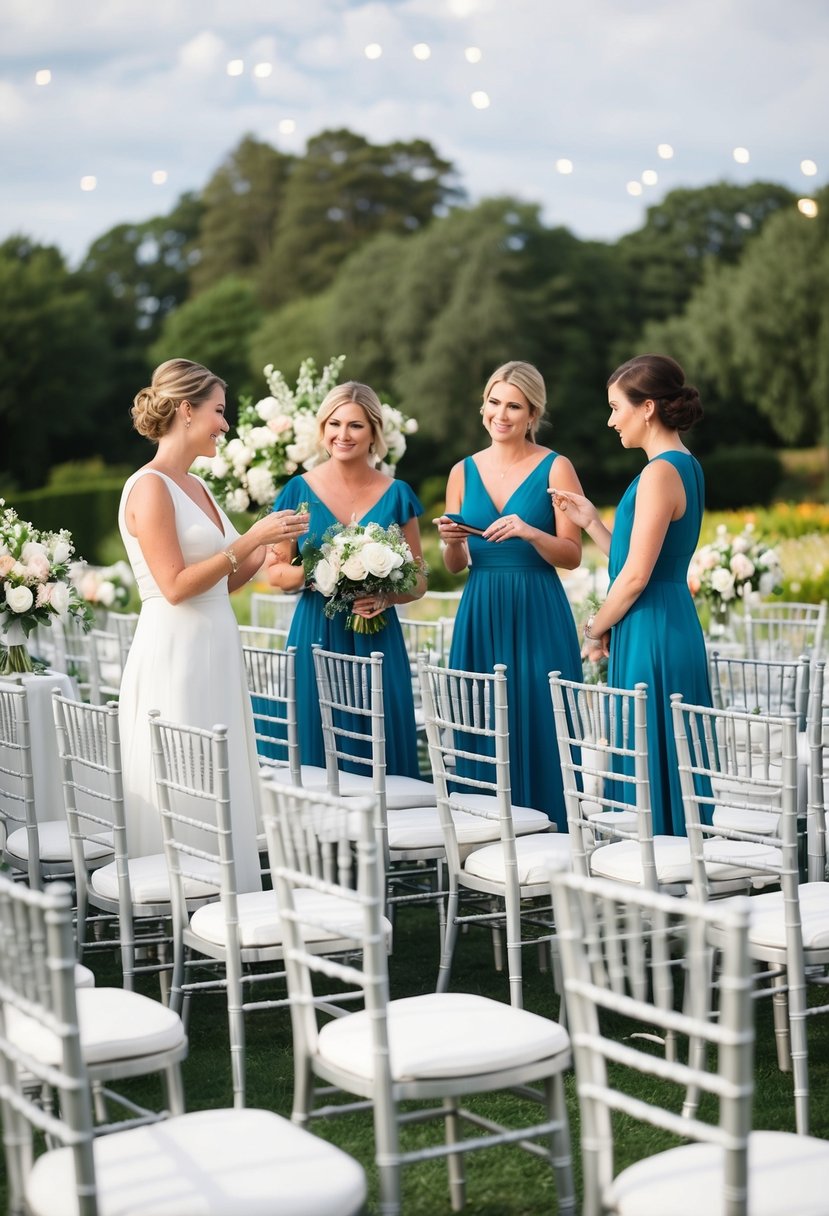 Chairs arranged in rows, flowers and decorations being set up, maid of honor receiving advice from others