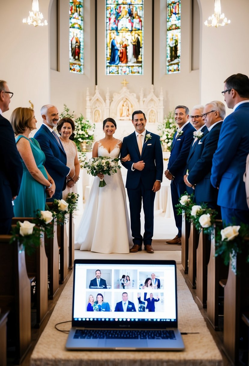 A couple stands at the altar, surrounded by family. A laptop streams the ceremony to include remote family members, while guests watch and wave from their screens